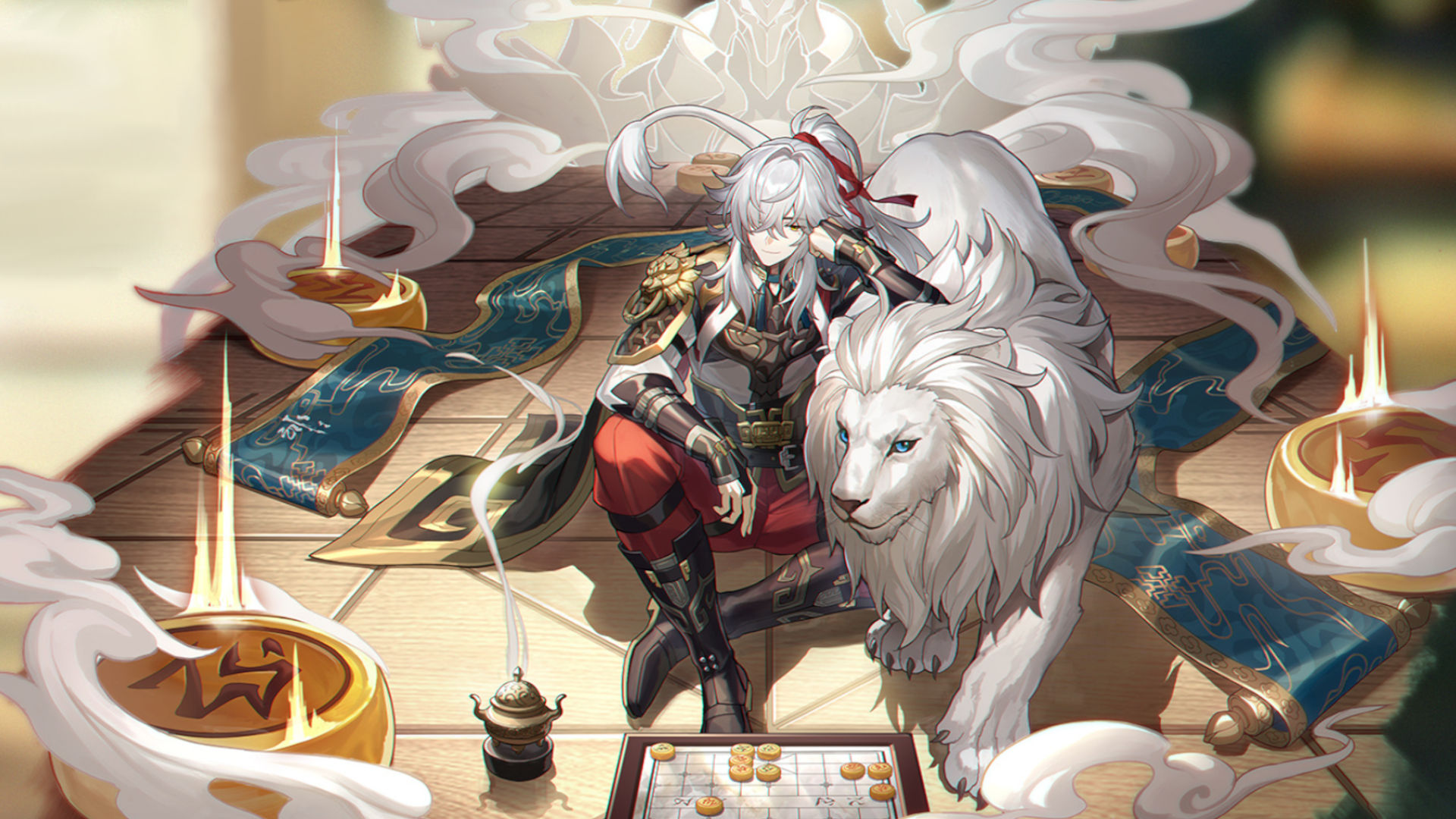 Jing Yuan sitting lazily with a white lion close to him.