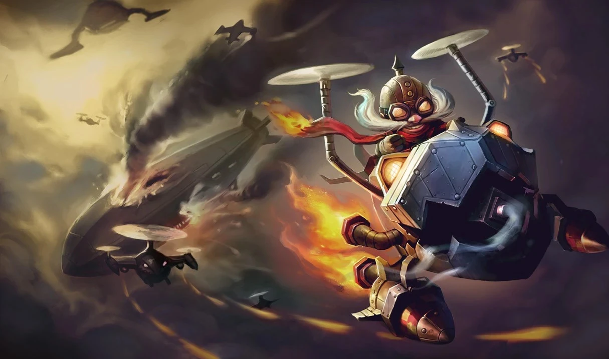 Corki flying his machine with another plane falling down in the background.