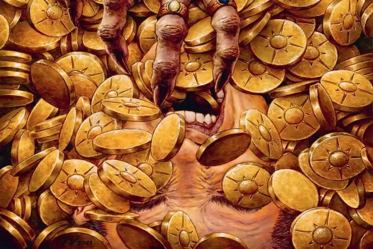 Image of hand pulling gold coins over face in Smothering Tithe MTG reprint card