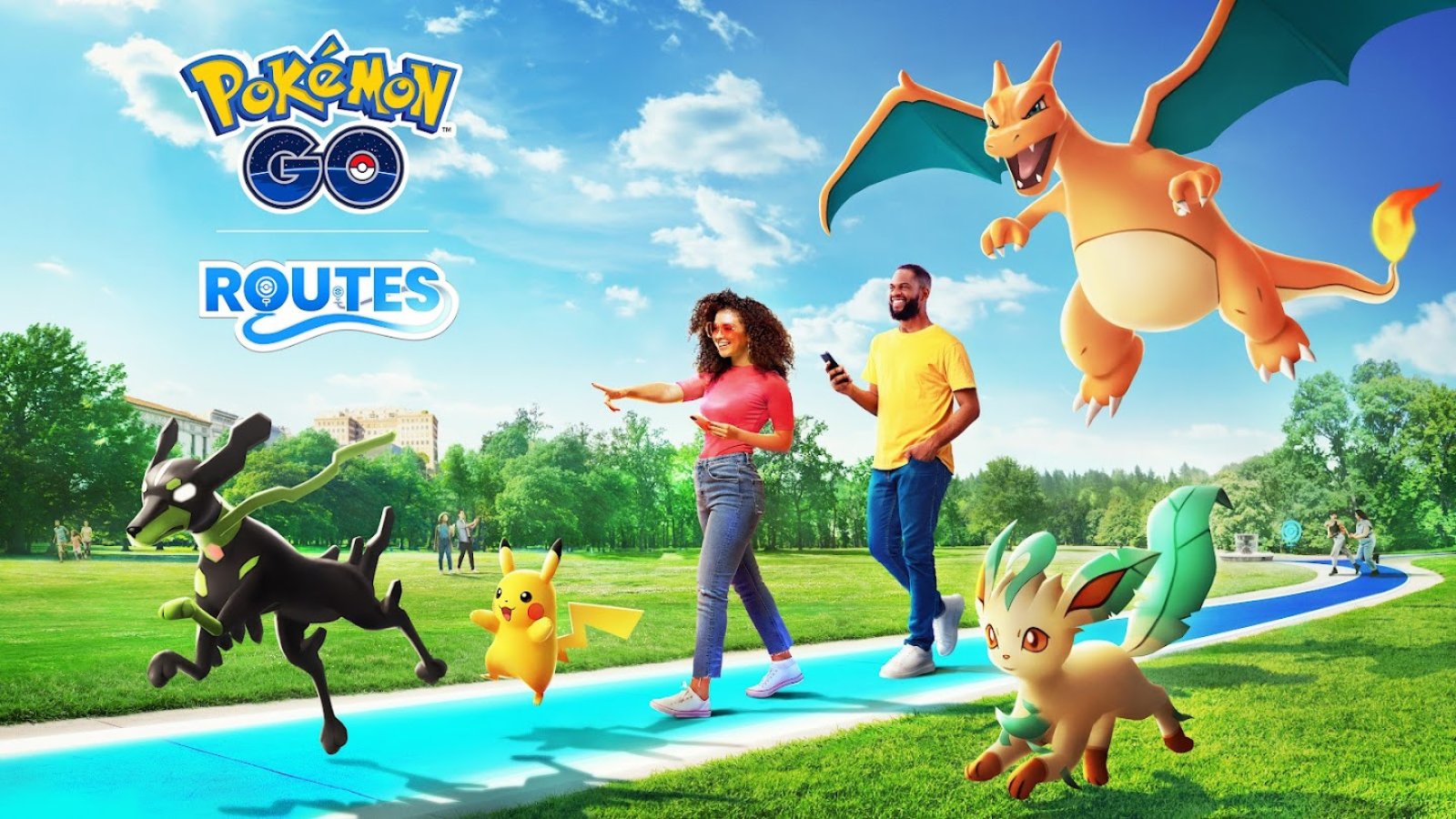 Pokémon Go players walking on a path alongside Zygarde, Pikachu, Leafeon, and Charizard.