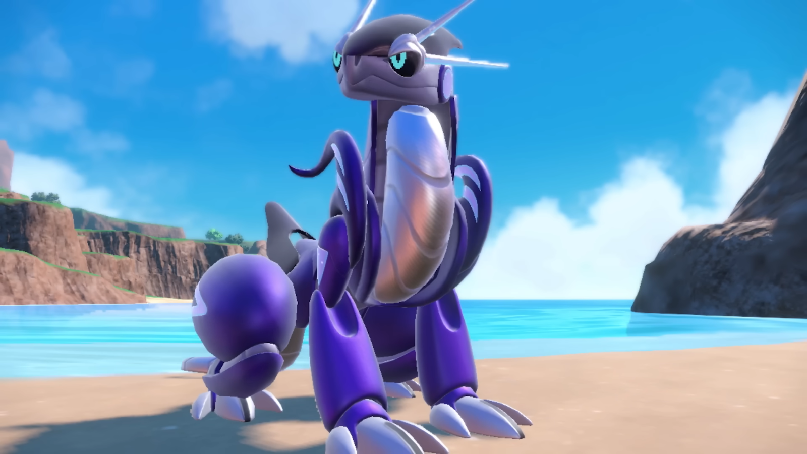 Miraidon sitting on the beach in Pokémon Violet.