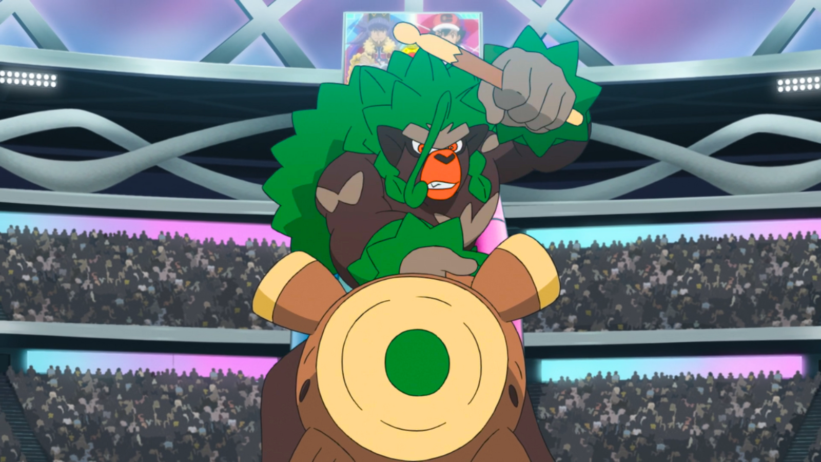 Rillaboom playing the drums in a stadium in the Pokémon anime.
