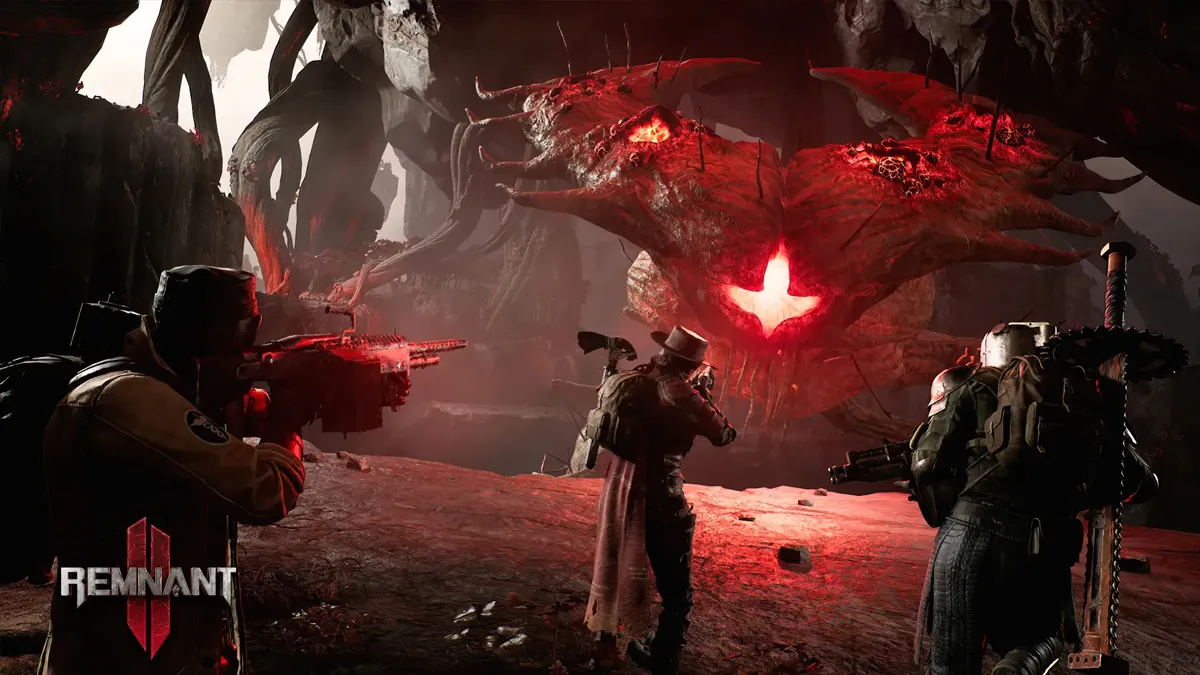 Three characters wielding different weapons and armor prepare to take on a glowing red boss creature with horns, glowing red, in Remnant 2.