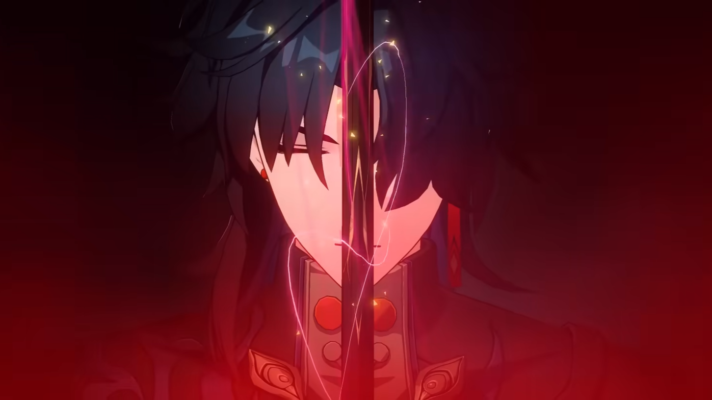 Blade holding a sword in front of his face with his eyes closed.