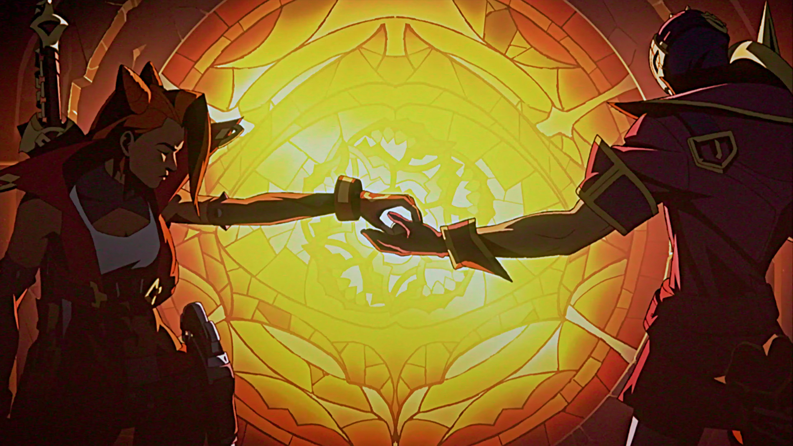 Samira and Jhin hold hands in front of a huge golden window in League of Legends