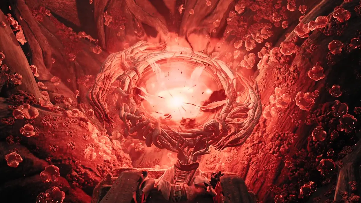 A stone figure sits atop a throne, while a glowing red portal charges up in Remnant 2.